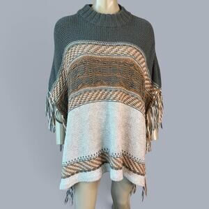 Mystree Wool Blend Knit Sweater Poncho Shawl One Size Striped Fringed Pullover